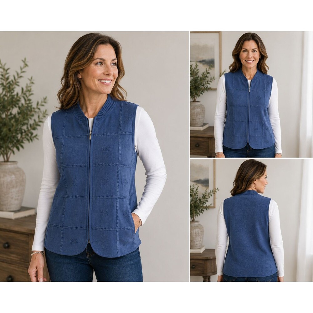 Vintage Koret Monterey Women's 14 Blue Zip Front Sweater Vest Knit Back NWT